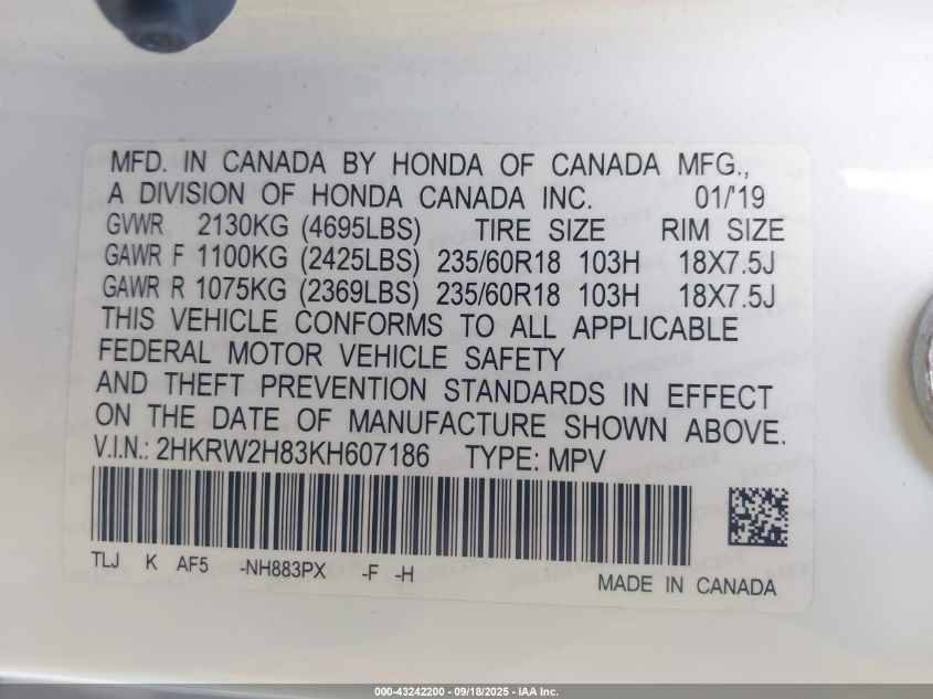 2019 Honda Cr-V Ex-L VIN: 2HKRW2H83KH607186 Lot: 43242200