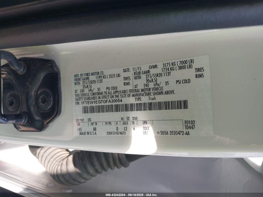 2016 Ford F-150 Platinum VIN: 1FTEW1EG7GFA30054 Lot: 43242204