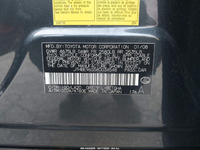 2008 Lexus Gs 350 VIN: JTHBE96S580034548 Lot: 43242208