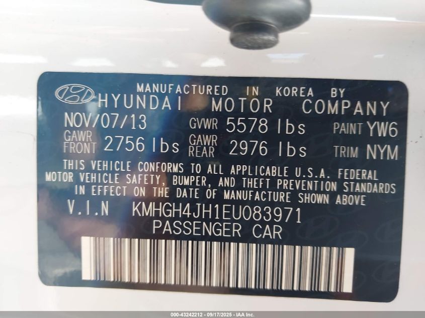 2014 Hyundai Equus Ultimate VIN: KMHGH4JH1EU083971 Lot: 43242212