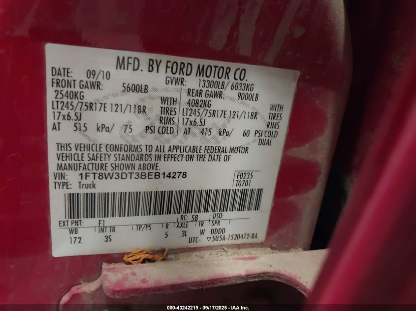 2011 Ford F-350 Xlt VIN: 1FT8W3DT3BEB14278 Lot: 43242219