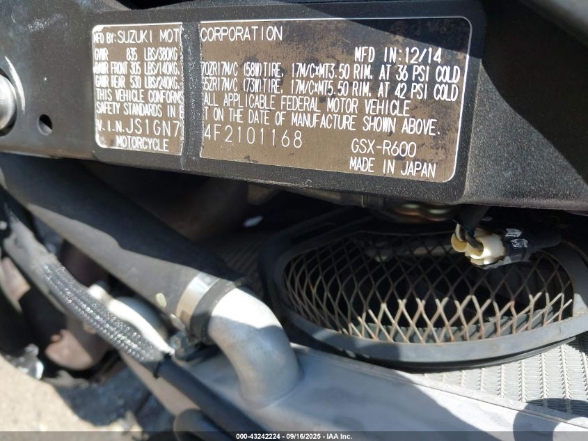 2015 Suzuki Gsx-R600 VIN: JS1GN7FA4F2101168 Lot: 43242224