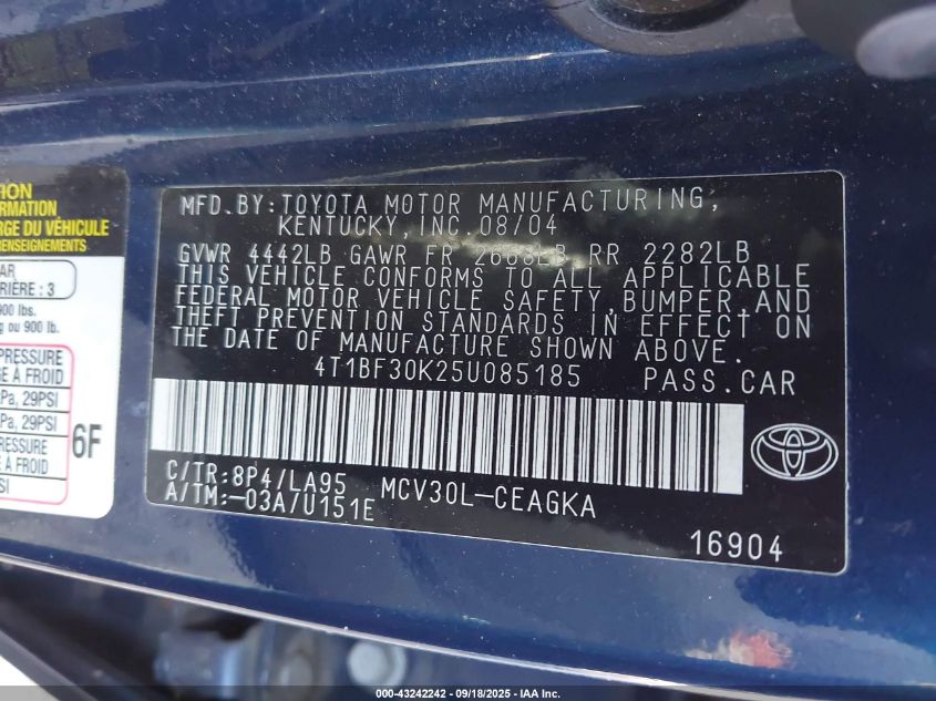 2005 Toyota Camry Xle V6 VIN: 4T1BF30K25U085185 Lot: 43242242