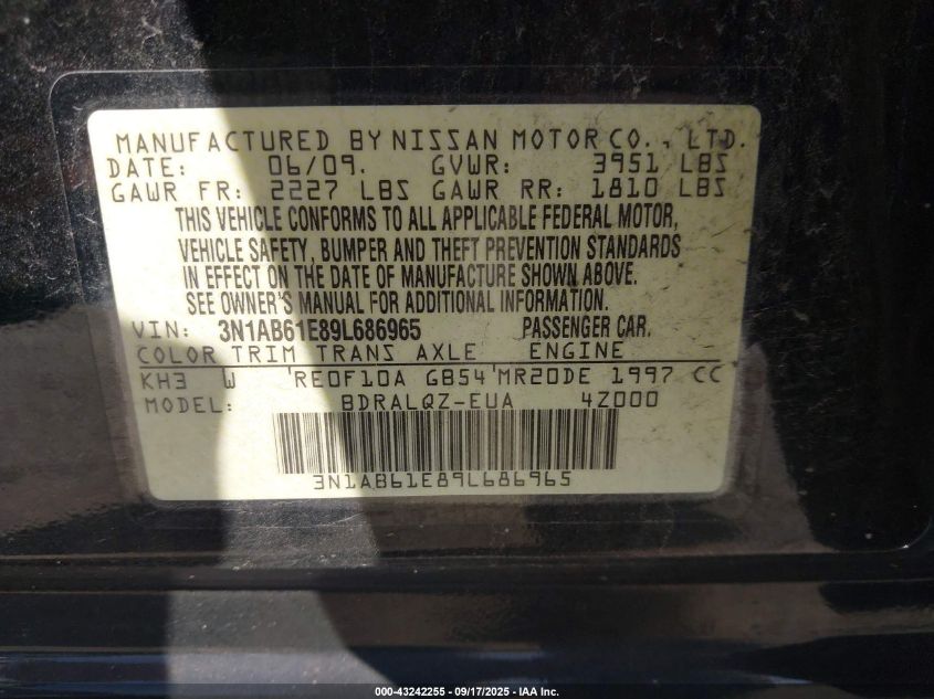 2009 Nissan Sentra 2.0 VIN: 3N1AB61E89L686965 Lot: 43242255