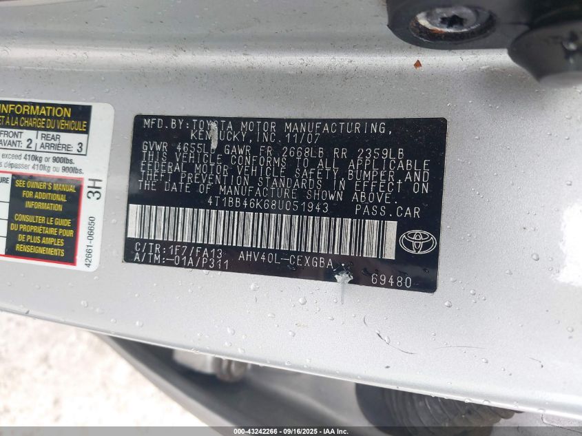 2008 Toyota Camry Hybrid VIN: 4T1BB46K68U051943 Lot: 43242266