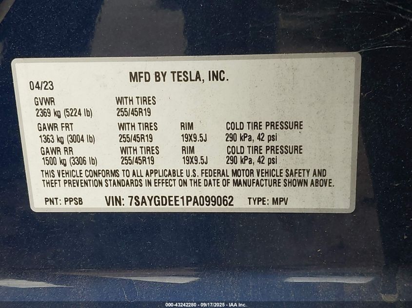 2023 Tesla Model Y Awd/Long Range Dual Motor All-Wheel Drive VIN: 7SAYGDEE1PA099062 Lot: 43242280
