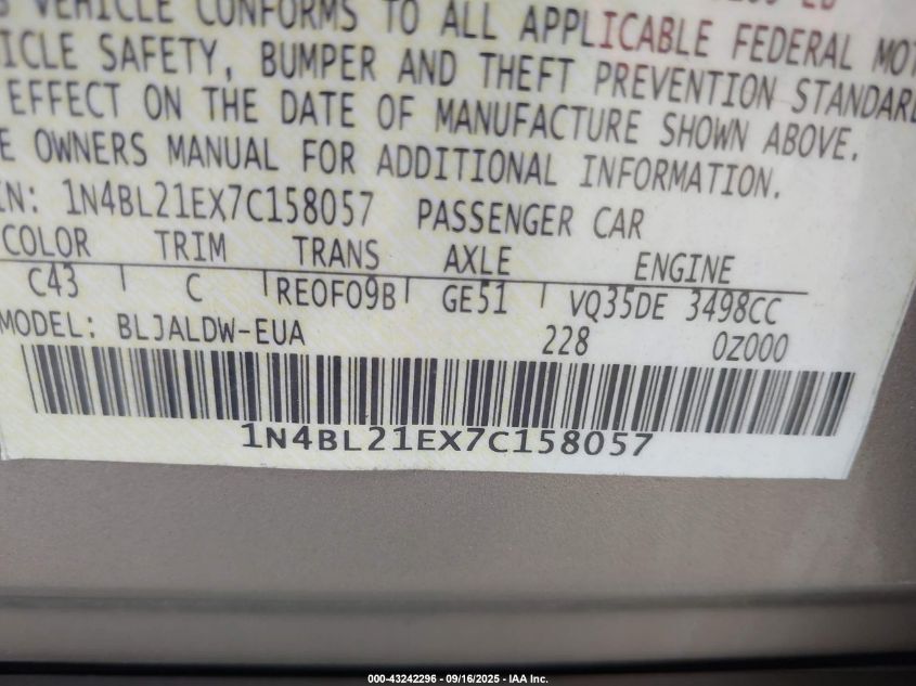 2007 Nissan Altima 3.5 Se VIN: 1N4BL21EX7C158057 Lot: 43242296