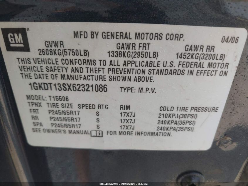 2006 GMC Envoy Slt VIN: 1GKDT13SX62321086 Lot: 43242299
