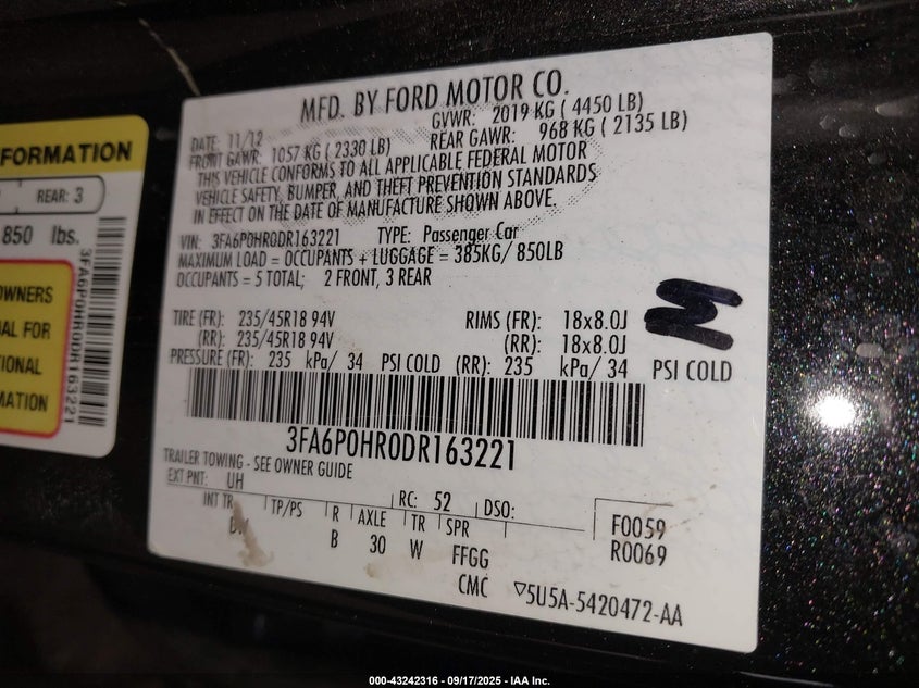 2013 Ford Fusion Se VIN: 3FA6P0HR0DR163221 Lot: 43242316