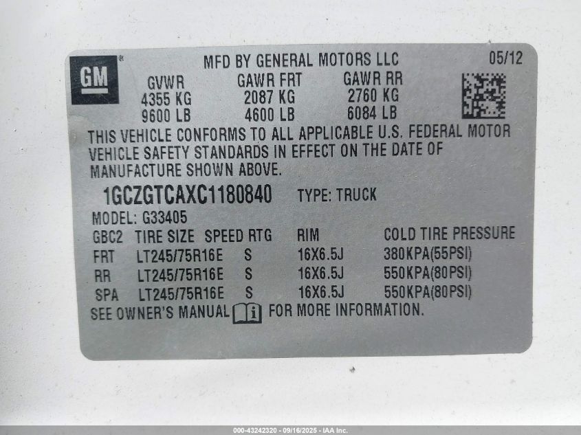 2012 Chevrolet Express 3500 Work Van VIN: 1GCZGTCAXC1180840 Lot: 43242320