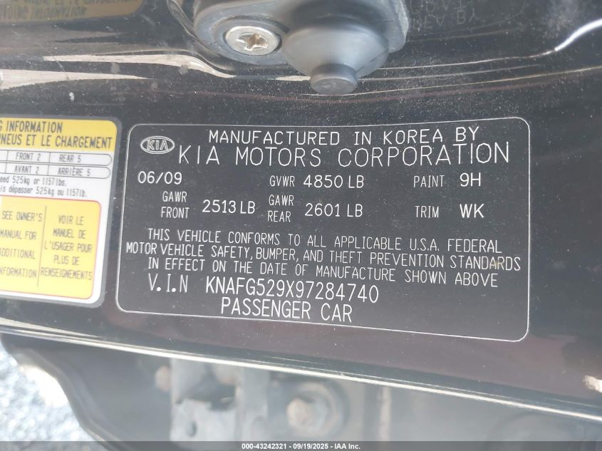 2009 Kia Rondo Lx VIN: KNAFG529X97284740 Lot: 43242321