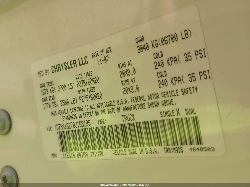 2008 Dodge Ram 1500 Slt VIN: 1D7HA18278J163199 Lot: 43242326