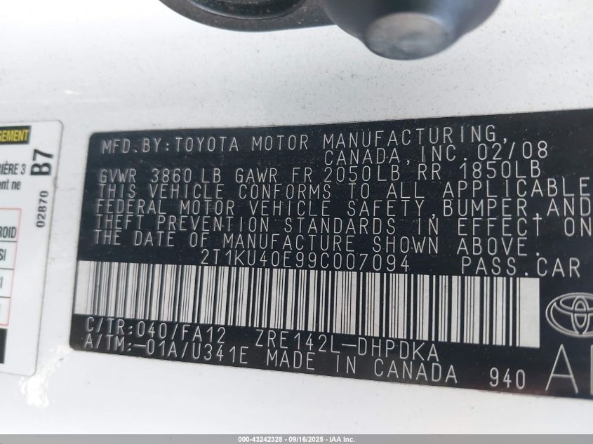 2009 Toyota Matrix VIN: 2T1KU40E99C007094 Lot: 43242328