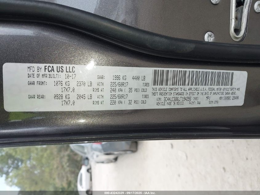 2018 Jeep Compass Latitude Fwd VIN: 3C4NJCBB6JT194296 Lot: 43242329