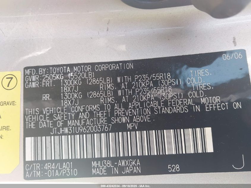 2006 Lexus Rx 400H VIN: JTJHW31U962003767 Lot: 43242334