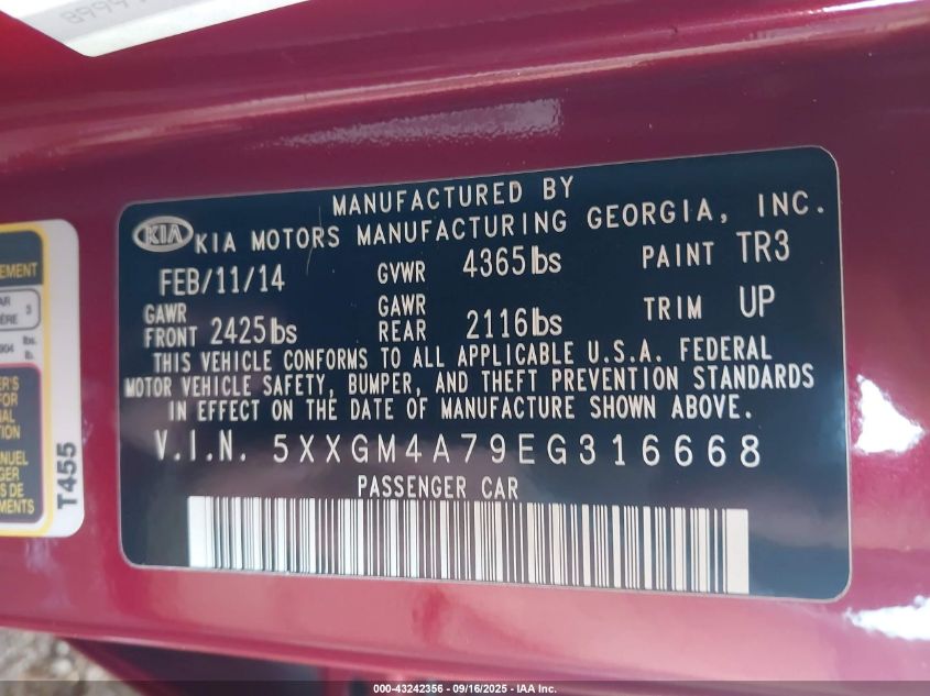 2014 Kia Optima Lx VIN: 5XXGM4A79EG316668 Lot: 43242356