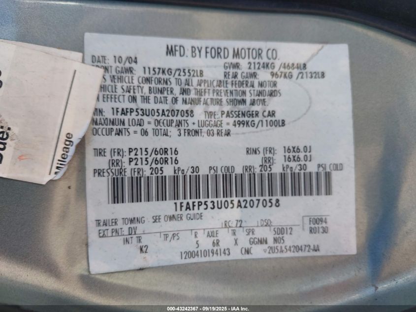 2005 Ford Taurus Se VIN: 1FAFP53U05A207058 Lot: 43242367