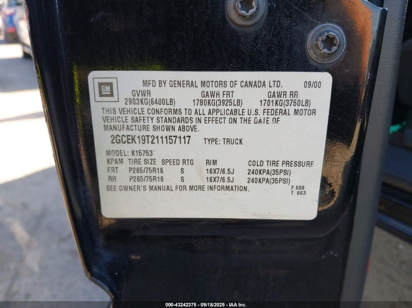 2001 Chevrolet Silverado 1500 Ls VIN: 2GCEK19T211157117 Lot: 43242375