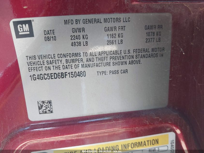 2011 Buick Lacrosse Cxl VIN: 1G4GC5ED6BF150480 Lot: 43242393