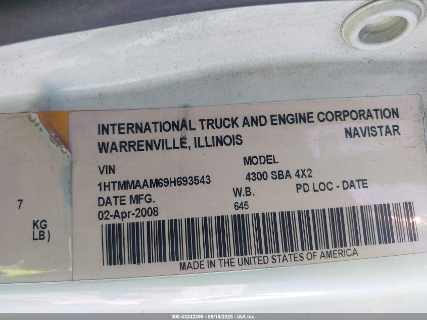 2009 International 4000 4300 VIN: 1HTMMAAM69H693543 Lot: 43242396