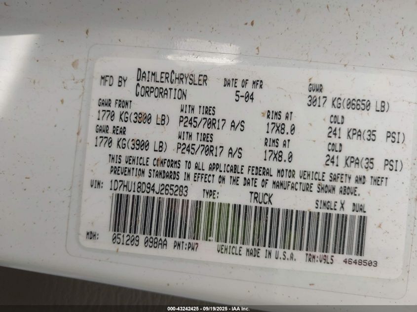 2004 Dodge Ram 1500 Slt/Laramie VIN: 1D7HU18D94J265283 Lot: 43242425