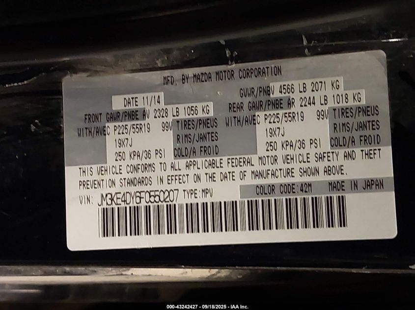 2015 Mazda Cx-5 Grand Touring VIN: JM3KE4DY6F0550207 Lot: 43242427