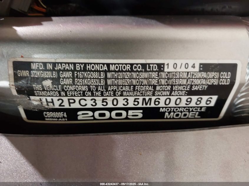 2005 Honda Cbr600 F4 VIN: JH2PC35035M600986 Lot: 43242437