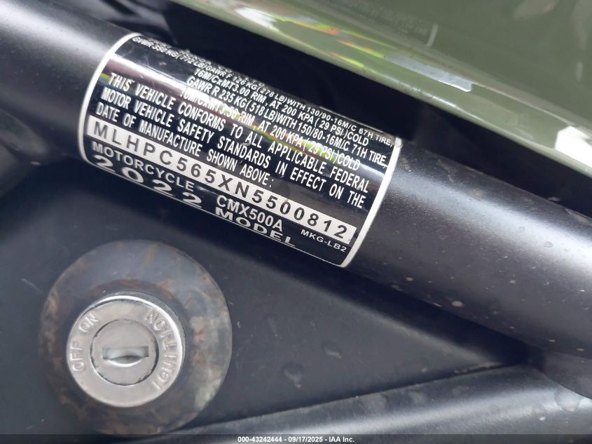 2022 Honda Cmx500 A VIN: MLHPC565XN5500812 Lot: 43242444