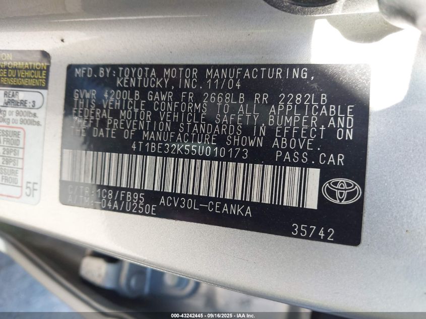 2005 Toyota Camry Le VIN: 4T1BE32K55U010173 Lot: 43242445