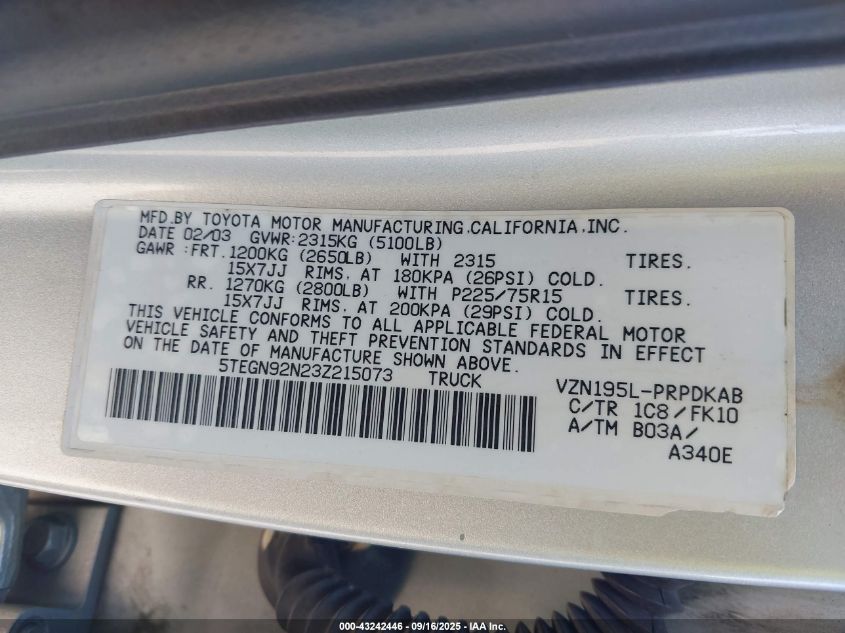 2003 Toyota Tacoma Prerunner V6 VIN: 5TEGN92N23Z215073 Lot: 43242446