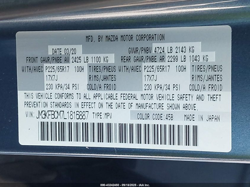 2020 Mazda Cx-5 Touring VIN: JM3KFBCM7L1816887 Lot: 43242450