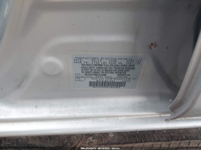2014 Nissan Versa 1.6 Sv VIN: 3N1CN7AP6EL814265 Lot: 43242475