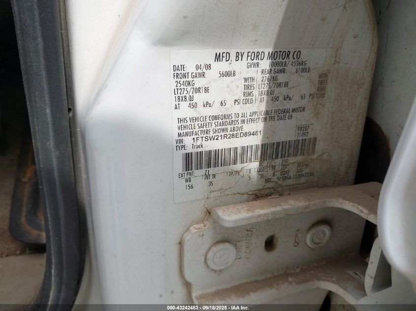 2008 Ford F-250 Fx4/Harley-Davidson/King Ranch/Lariat/Xl/Xlt VIN: 1FTSW21R28ED89481 Lot: 43242483