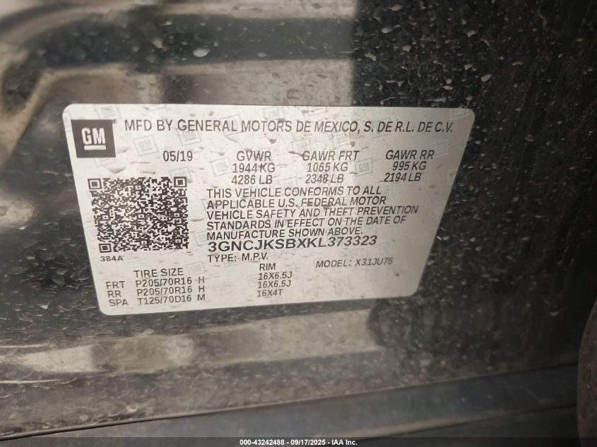 2019 Chevrolet Trax Ls VIN: 3GNCJKSBXKL373323 Lot: 43242488