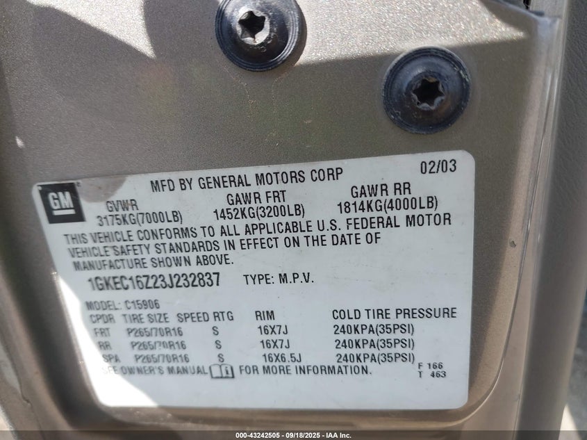 2003 GMC Yukon Xl 1500 Slt VIN: 1GKEC16Z23J232837 Lot: 43242505