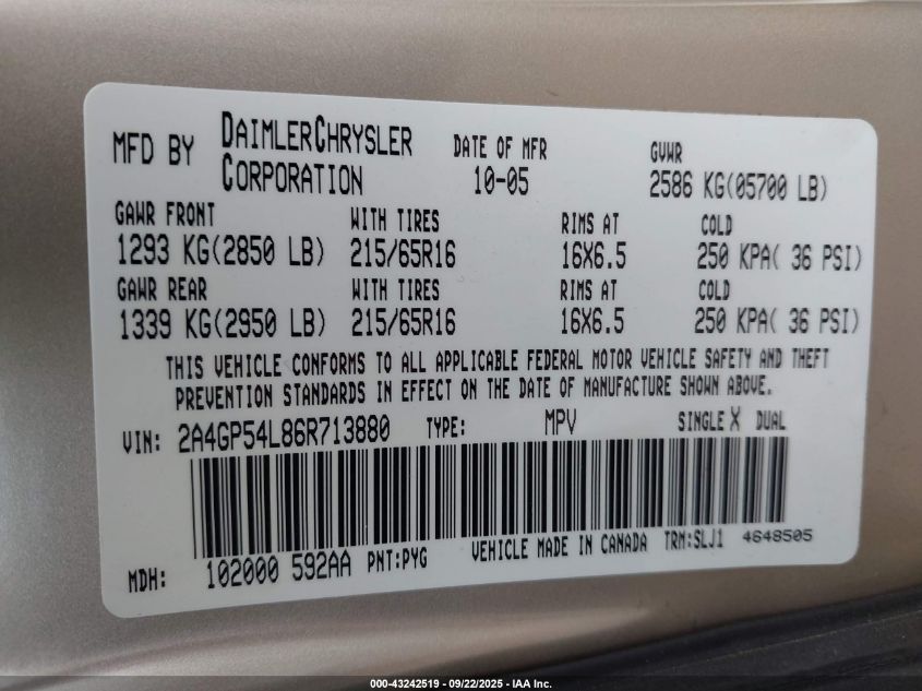 2006 Chrysler Town & Country Touring VIN: 2A4GP54L86R713880 Lot: 43242519