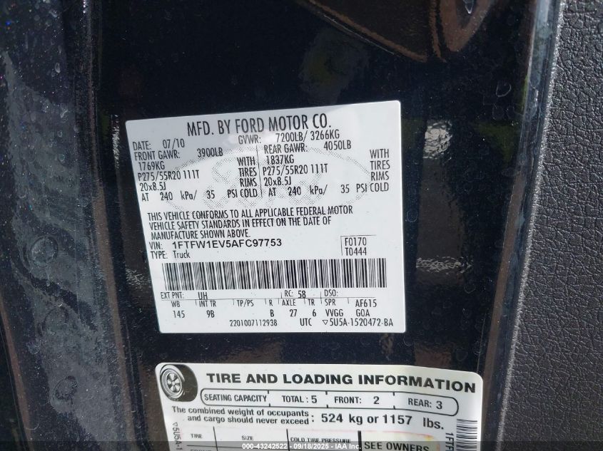 2010 Ford F-150 Fx4/Harley-Davidson/King Ranch/Lariat/Platinum/Xl/Xlt VIN: 1FTFW1EV5AFC97753 Lot: 43242522