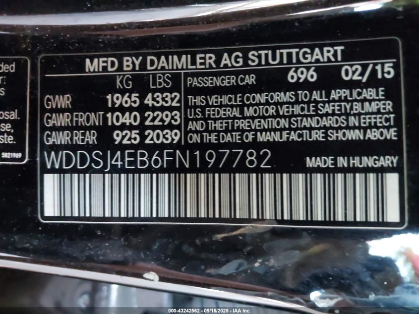 2015 Mercedes-Benz Cla 250 VIN: WDDSJ4EB6FN197782 Lot: 43242562