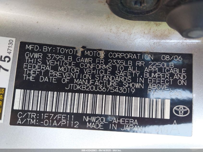 2006 Toyota Prius VIN: JTDKB20U367543019 Lot: 43242563
