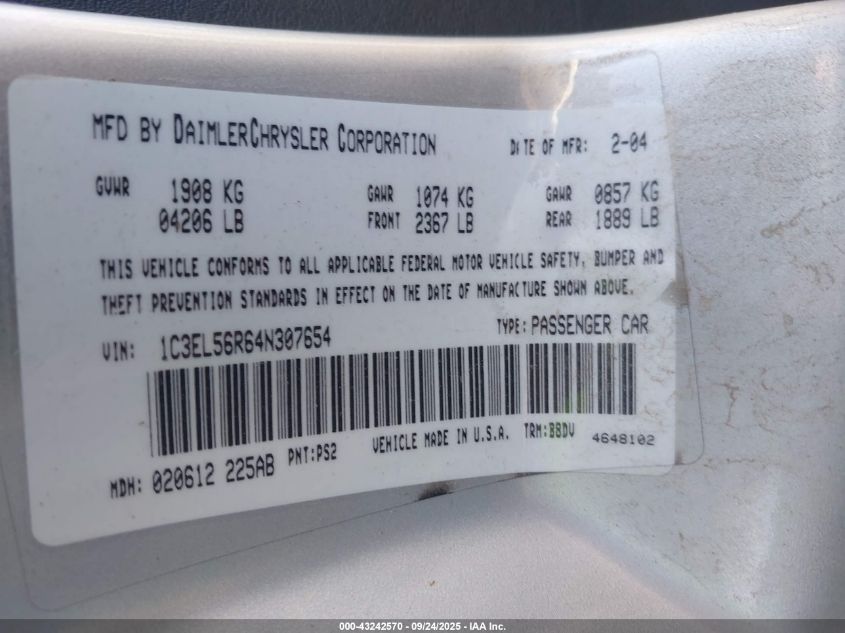 2004 Chrysler Sebring Lxi VIN: 1C3EL56R64N307654 Lot: 43242570