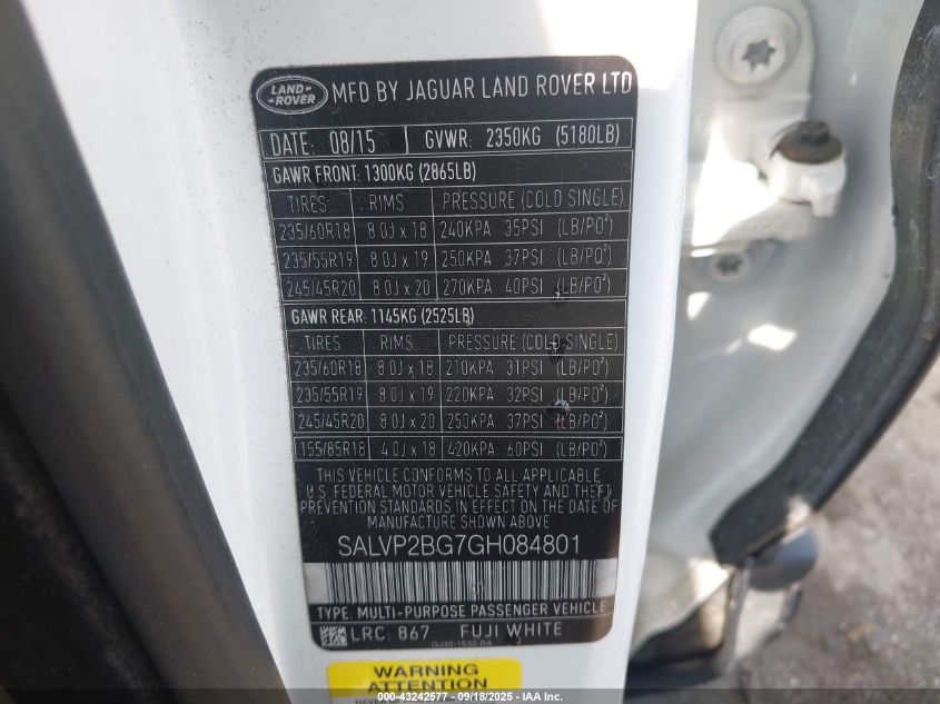 2016 Land Rover Range Rover Evoque Se/Se Premium VIN: SALVP2BG7GH084801 Lot: 43242577
