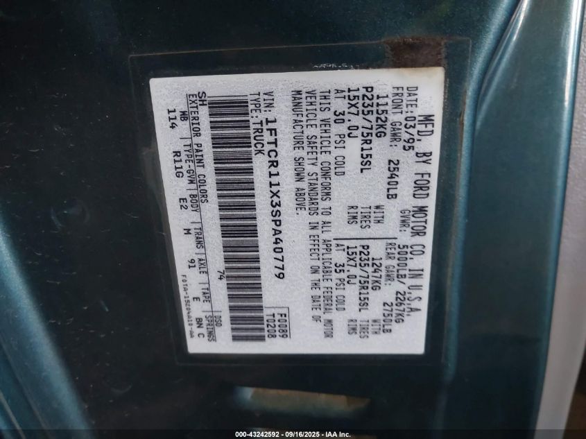 1995 Ford Ranger VIN: 1FTCR11X3SPA40779 Lot: 43242592