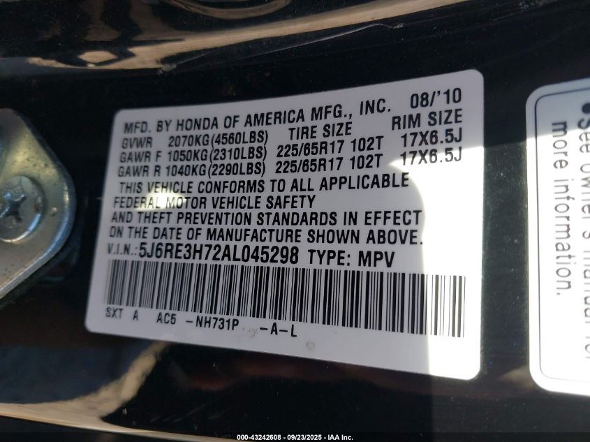 2010 Honda Cr-V Ex-L VIN: 5J6RE3H72AL045298 Lot: 43242608