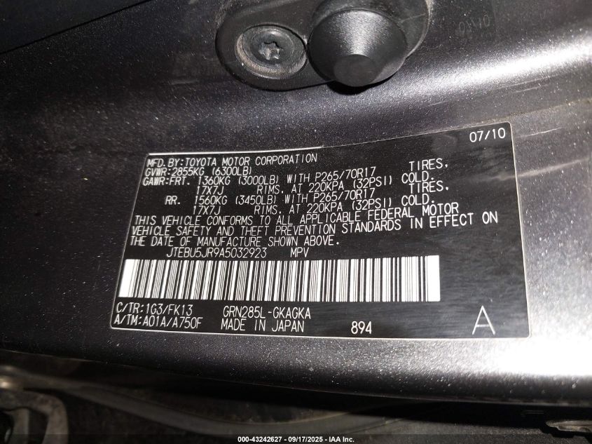 2010 Toyota 4Runner Sr5 V6 VIN: JTEBU5JR9A5032923 Lot: 43242627