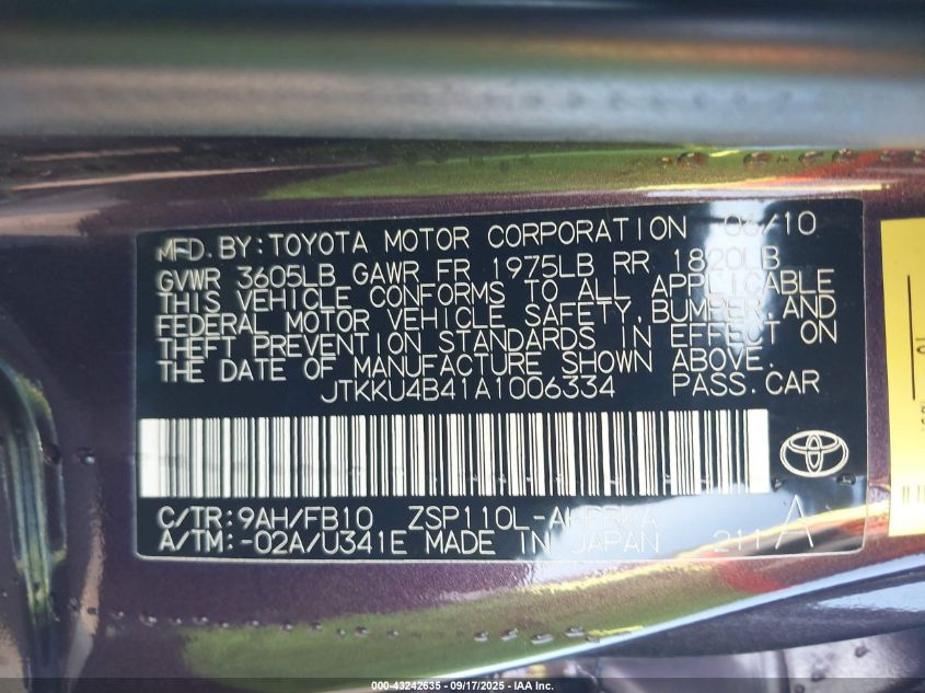 2010 Scion Xd VIN: JTKKU4B41A1006334 Lot: 43242635