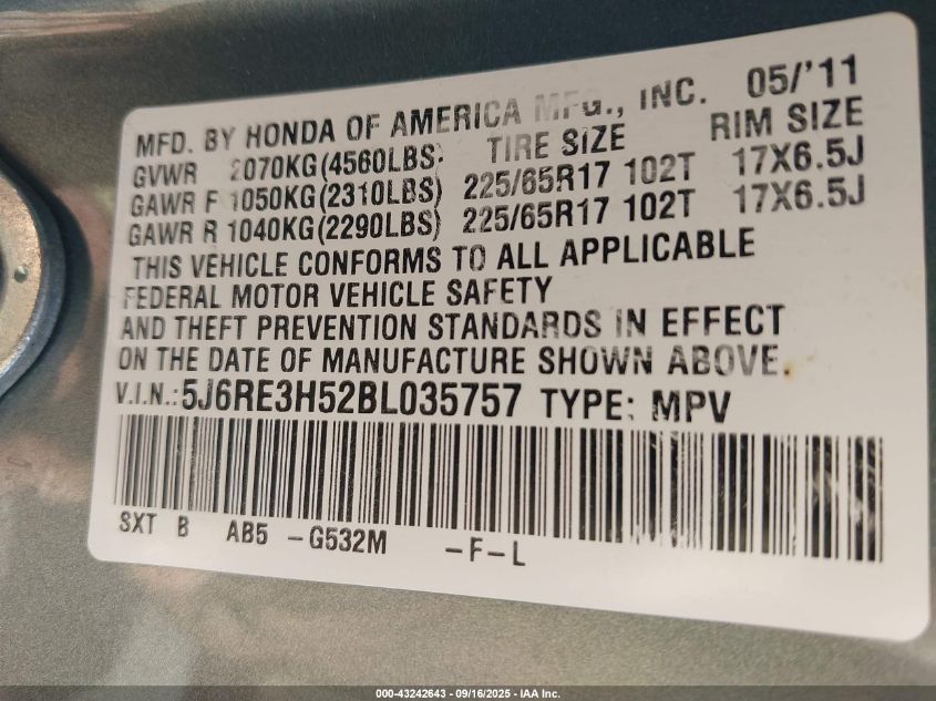 2011 Honda Cr-V Ex VIN: 5J6RE3H52BL035757 Lot: 43242643