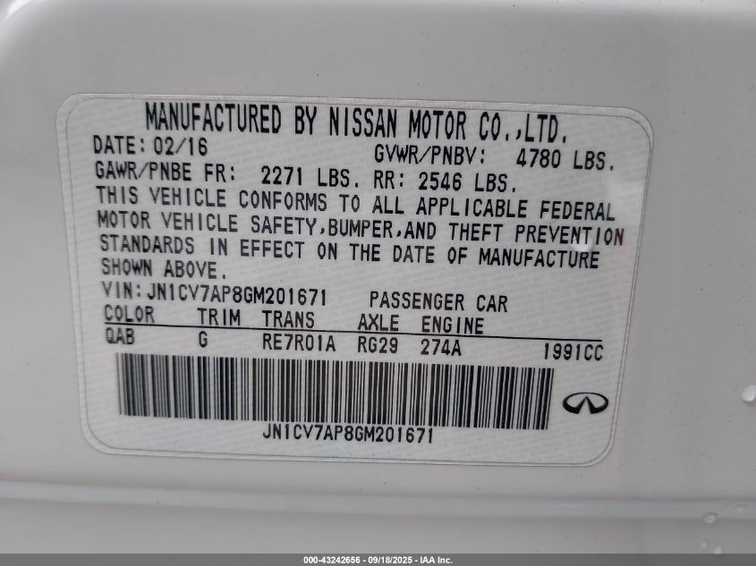 2016 Infiniti Q50 Premium VIN: JN1CV7AP8GM201671 Lot: 43242656