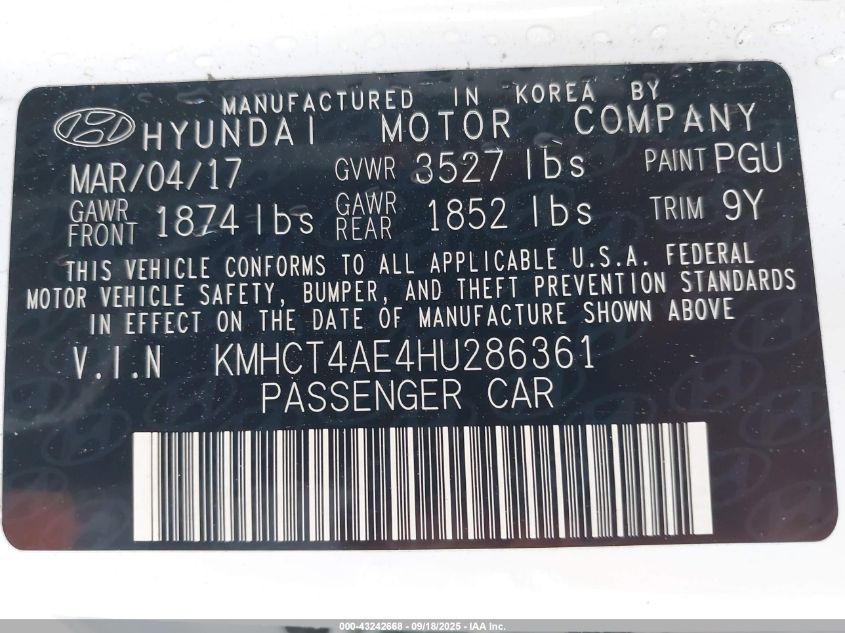 2017 Hyundai Accent Se VIN: KMHCT4AE4HU286361 Lot: 43242668