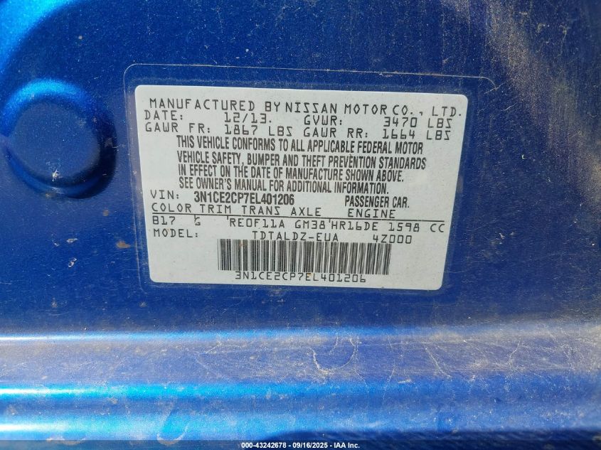 2014 Nissan Versa Note Sv VIN: 3N1CE2CP7EL401206 Lot: 43242678