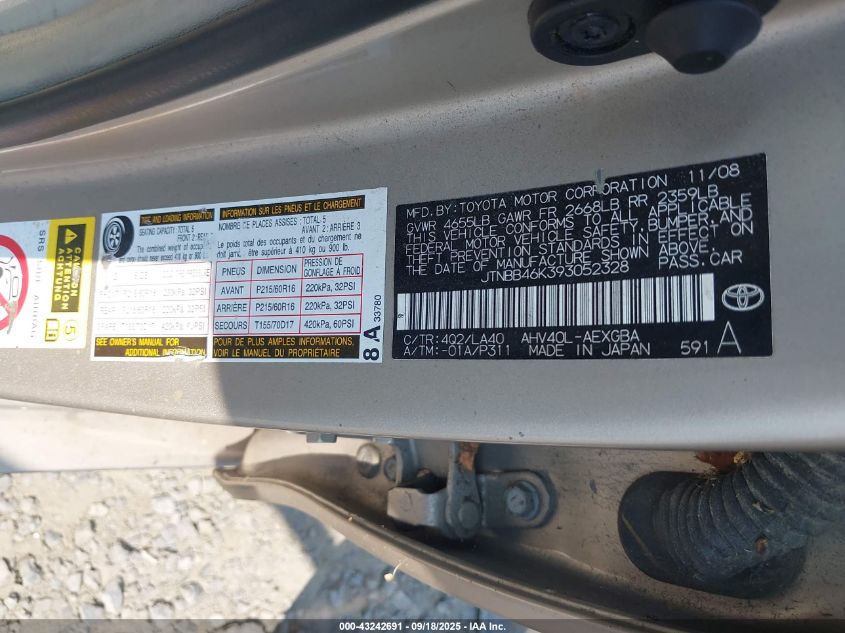 2009 Toyota Camry Hybrid VIN: JTNBB46K393052328 Lot: 43242691